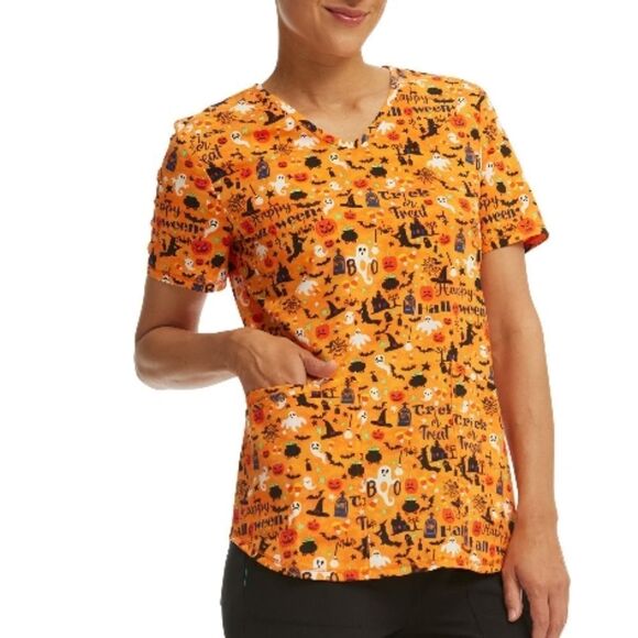 Women's Plus "Pumpkin Palooza" V-Neck Print Scrub Short Sleeve Top Shirt Size 2X - Picture 5 of 6